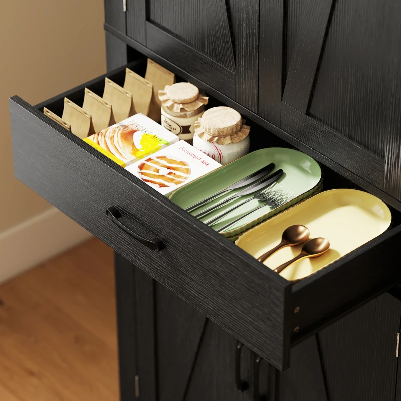 HOMCOM 72" Kitchen Pantry Cabinet, Farmhouse Kitchen Storage Cabinet with 4 Barn Doors, 6 Door Shelves, Drawer, Black