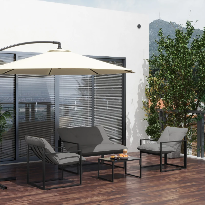 Outsunny 4 Piece Outdoor Furniture Set, Patio Conversation Set with Tempered Glass Table, Loveseat, 2 Chairs and Cushions, Grey