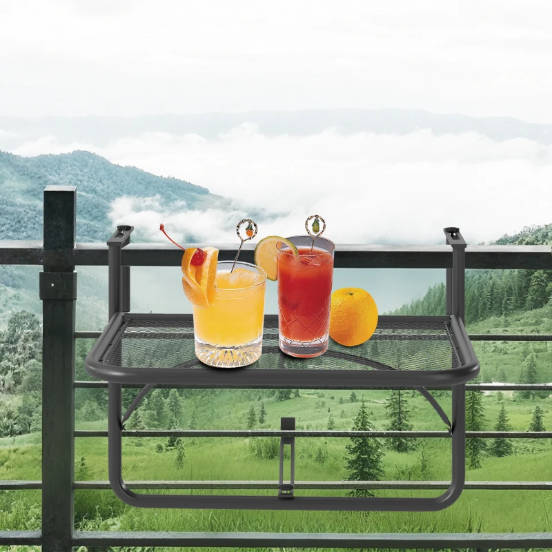 Outsunny Adjustable Balcony Hanging Railing Table, Metal Mounting Mini Wall Desk Storage Rack, Outdoor Flower Stand Serving Table Rectangle, Black