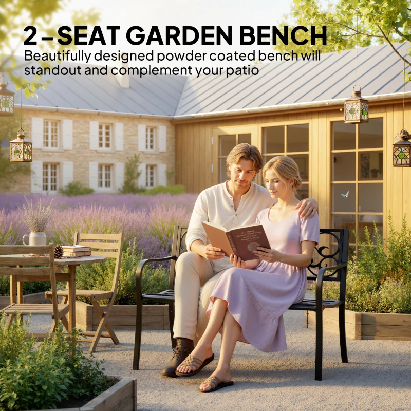 Outsunny Garden Bench Outdoor Loveseat with Vintage Floral Pattern Cast Metal, 50" x 23.6" x 35", Black