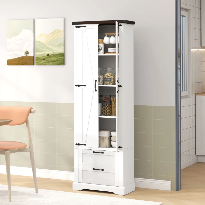 HOMCOM 71" Tall Kitchen Pantry Cabinet, Farmhouse Kitchen Storage Cabinet with Soft-Close Drawer and Adjustable Shelves, White