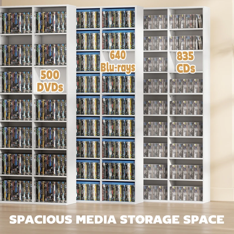 HOMCOM Media Storage Cabinet, 9-Tier DVD Shelf with 21 Adjustable Shelves, Holds 835 CDs, 500 DVDs or 640 Blu-rays, White