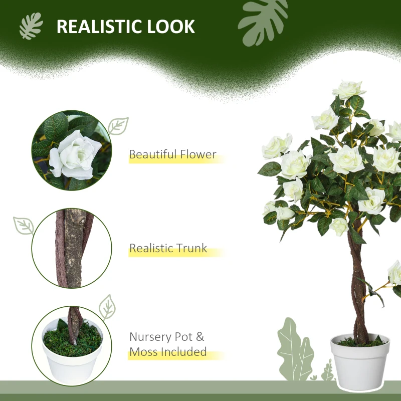 Outsunny 3FT Artificial Plant White Rose Floral in Pot, Fake Plant for Home Indoor Decor