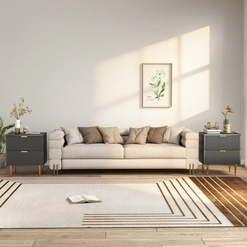 HOMCOM Bedside Table Set of 2, Modern Nightstand with 2 Drawers, Side End Table with Metal Legs for Living Room, Bedroom, Black