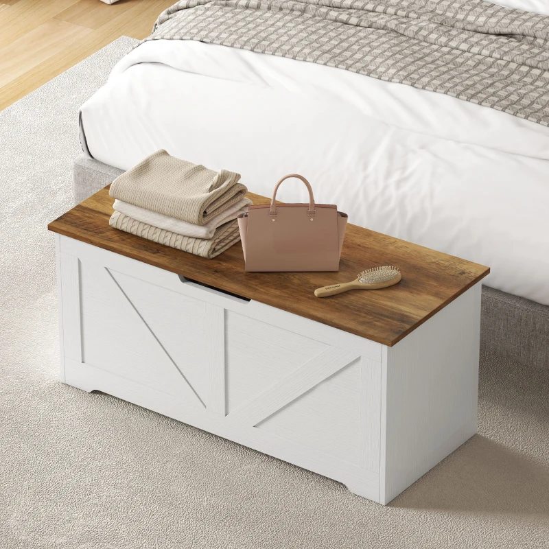 HOMCOM 39.4 Inches Storage Chest, Storage Trunk with 2 Safety Hinges for Living Room, Brown and White Wood Grain