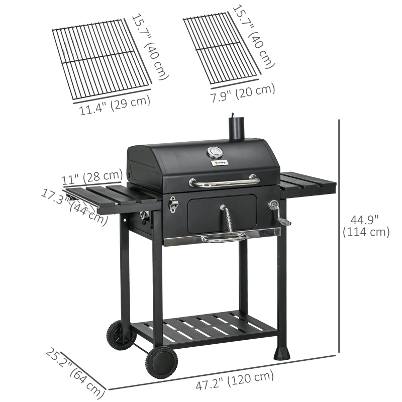 Outsunny Charcoal BBQ Grill Smoker with Adjustable Charcoal Pan and Galvanised Steel Shell, Barbecue Grill Trolley with Storage