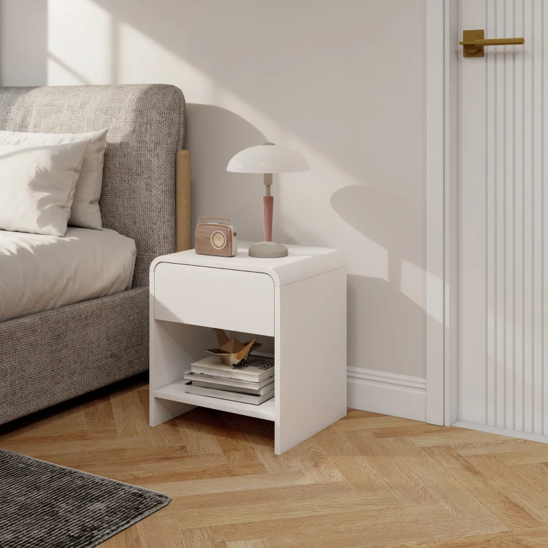 HOMCOM Nightstand Set of 2, Modern Bedside Table with Rounded Corners, Nightstand with Drawer and Open Shelf, Distressed White