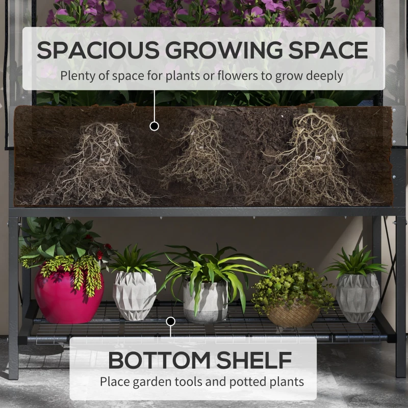 Outsunny Raised Garden Bed with Cover, Metal Elevated Planter Box with Bottom Shelf and Liner, Black