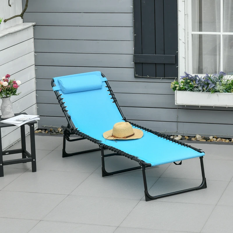 Outsunny Outdoor Folding Lounge Chair, 4-Level Adjustable Chaise Lounge with Headrest, Tanning Chair Beach Bed, Reclining Lounger Cot for Camping, Hiking, Backyard, Sky Blue