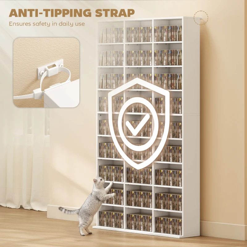 HOMCOM Media Storage Cabinet, 9-Tier DVD Shelf with 21 Adjustable Shelves, Holds 835 CDs, 500 DVDs or 640 Blu-rays, White