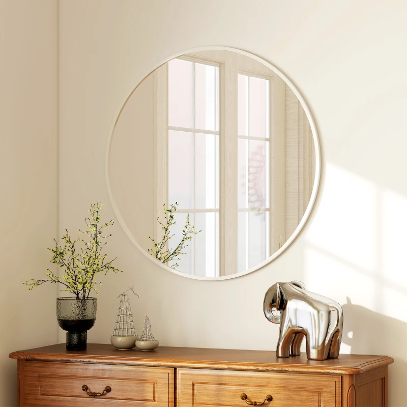 HOMCOM 36" Round Mirror, Bathroom Wall Mirror with Metal Frame, Decorative Vanity Mirror for Living Room, Bedroom, White
