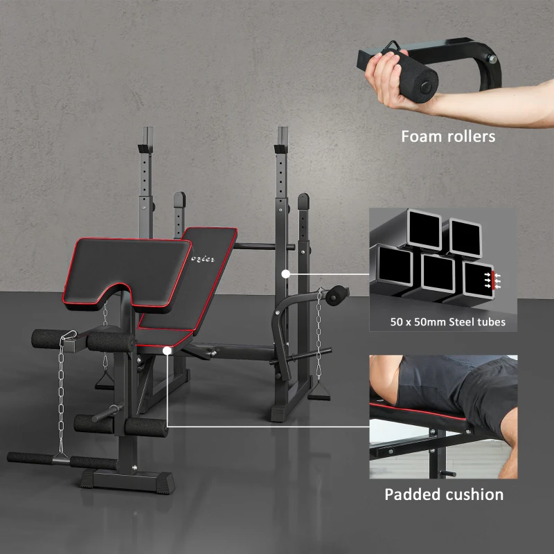 Soozier Weight Bench with Barbell Rack, Preacher Curl Bench, Leg Curl Machine for Home Weight Lifting Strength Training