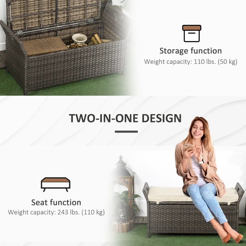 Outsunny 2-In-1 Outdoor PE Rattan Storage Bench, 29 Gallon Patio Wicker Furniture, Basket Box with Handles and Cushion Cream