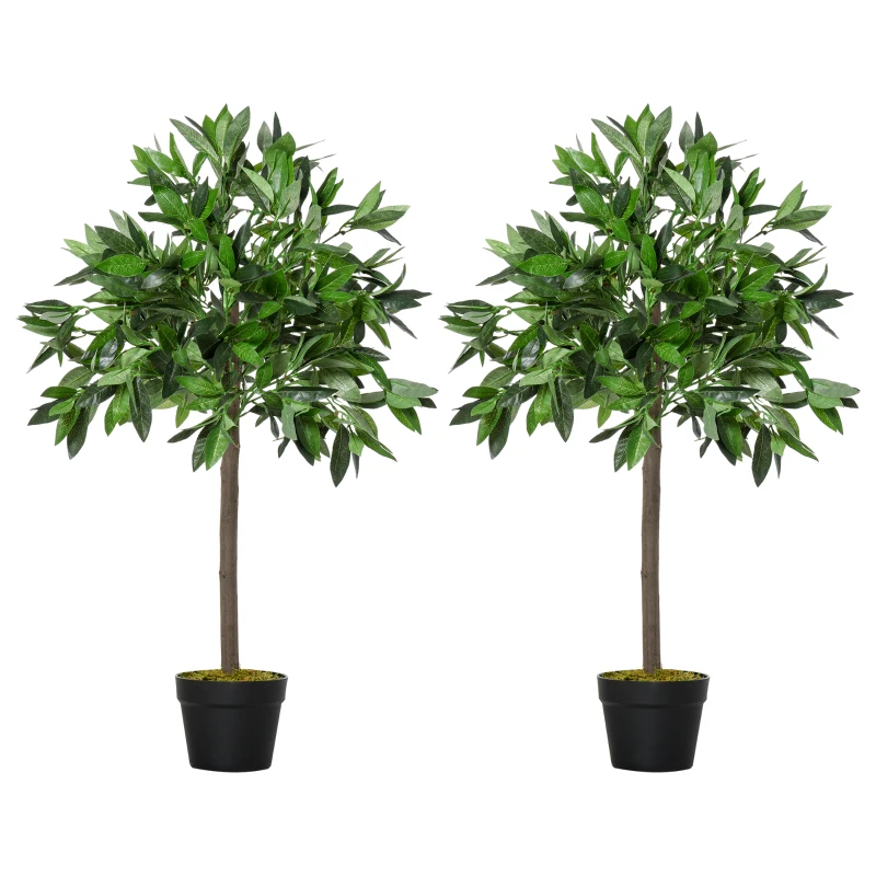 Outsunny 3FT Artificial Laurel Tree Set of 2, Lifelike Fake Plant with 564 Leaves, Potted Fake Plant for Home Office Decor, Green