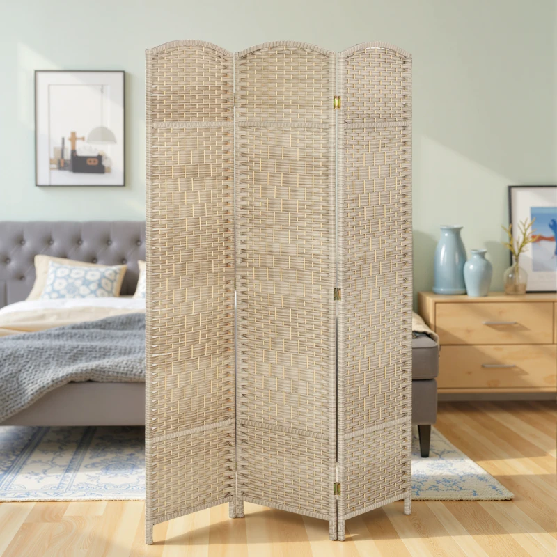 HOMCOM 6 Ft Tall Folding Room Divider, 3 Panel Portable Privacy Screen, Hand-Woven Partition Wall Divider, Light Oak
