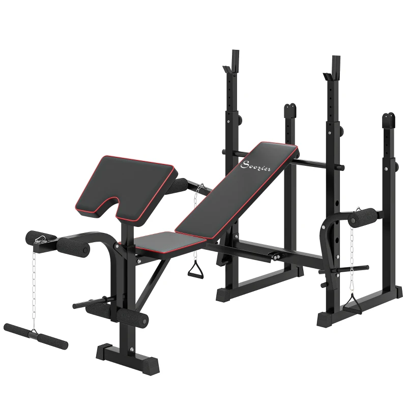 Soozier Weight Bench with Barbell Rack, Preacher Curl Bench, Leg Curl Machine for Home Weight Lifting Strength Training