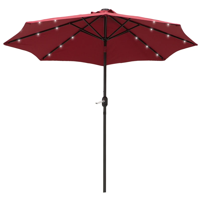 Outsunny 9ft Solar Patio Umbrella Outdoor Sunshade 24 LED Lights Tilt Canopy, Wine Red