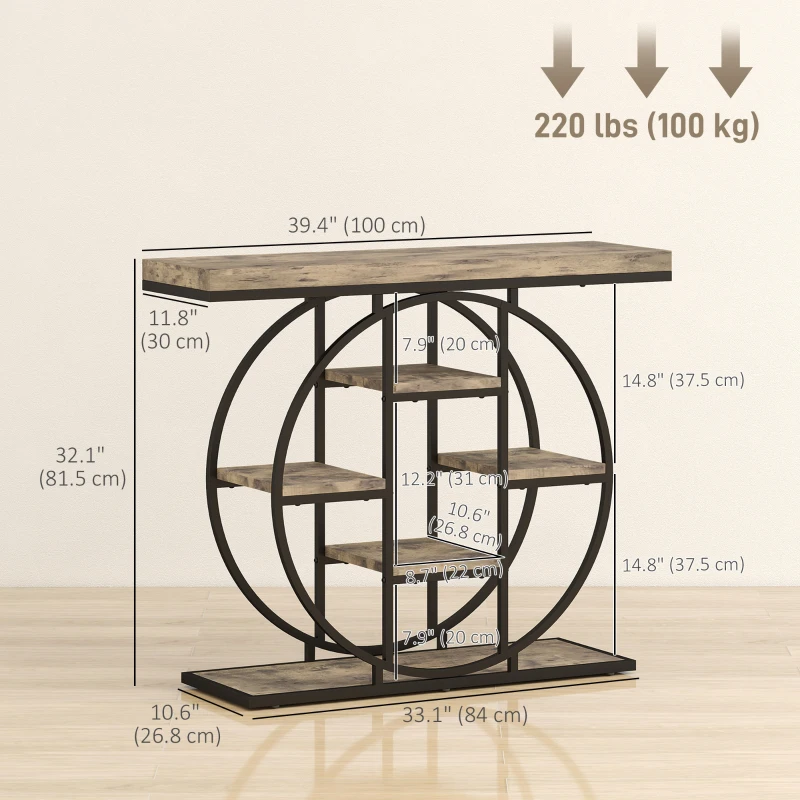 HOMCOM 39.4" Console Table with Storage Shelves, Industrial Sofa Table for Living Room, Hallway, Rustic Brown