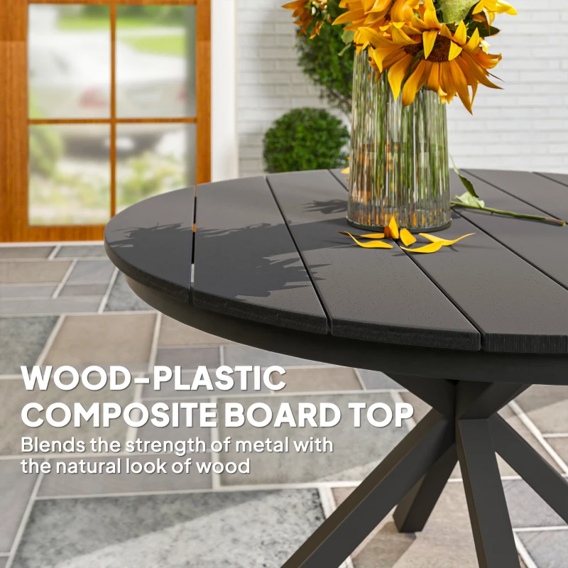 Outsunny 46.5" Outdoor Dining Table for 6, Round Picnic Table with Slatted Top for Balcony, Porch, Black