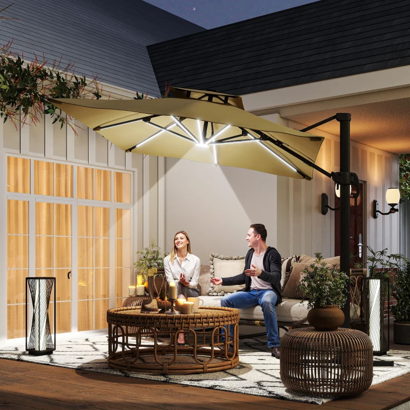 Outsunny 10ft. Solar LED Cantilever Umbrella, Offset Hanging Umbrella with 360°Rotation, Cross Base, 8 Ribs, Tilt and Crank for Yard, Khaki