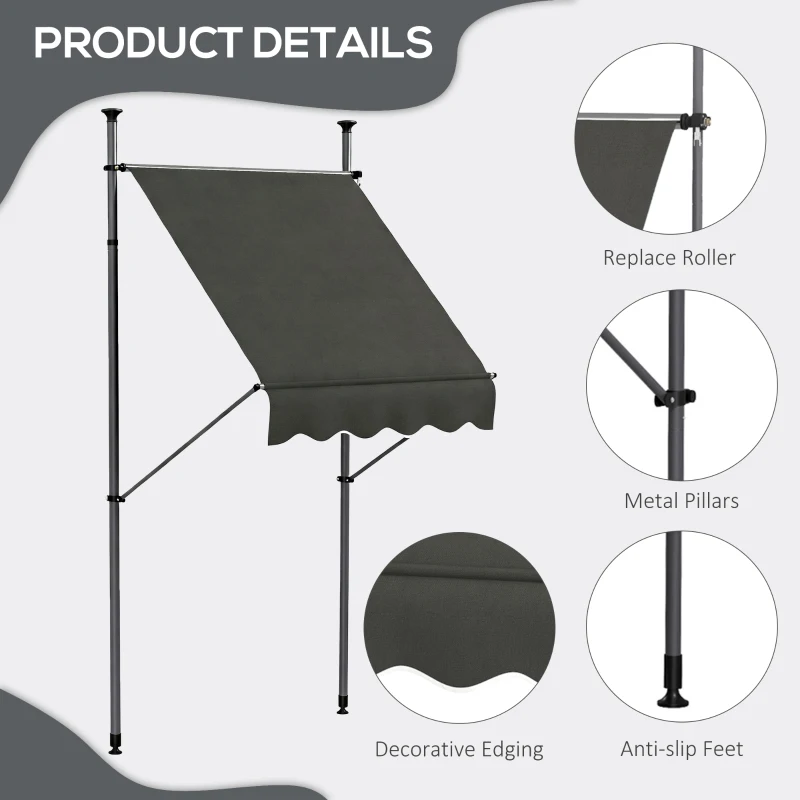 Outsunny 5' x 4' Manual Retractable Awning, Non-Screw Patio Awning, UV Resistant, for Window or Door, Dark Gray