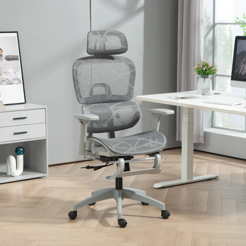 HOMCOM Mesh Office Chair with 3D Armrest, High Back Desk Chair with Lumbar Support, 135° Reclining, Adjustable Headrest, Grey