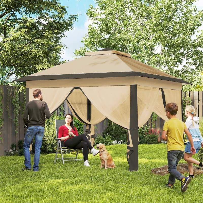Outsunny 11' x 11' Pop Up Canopy Tent with Netting and Carry Bag, Instant Gazebo Sun Shelter, Tents for Parties with 121 Square Feet of Shade, for Outdoor, Garden, Patio, Beige