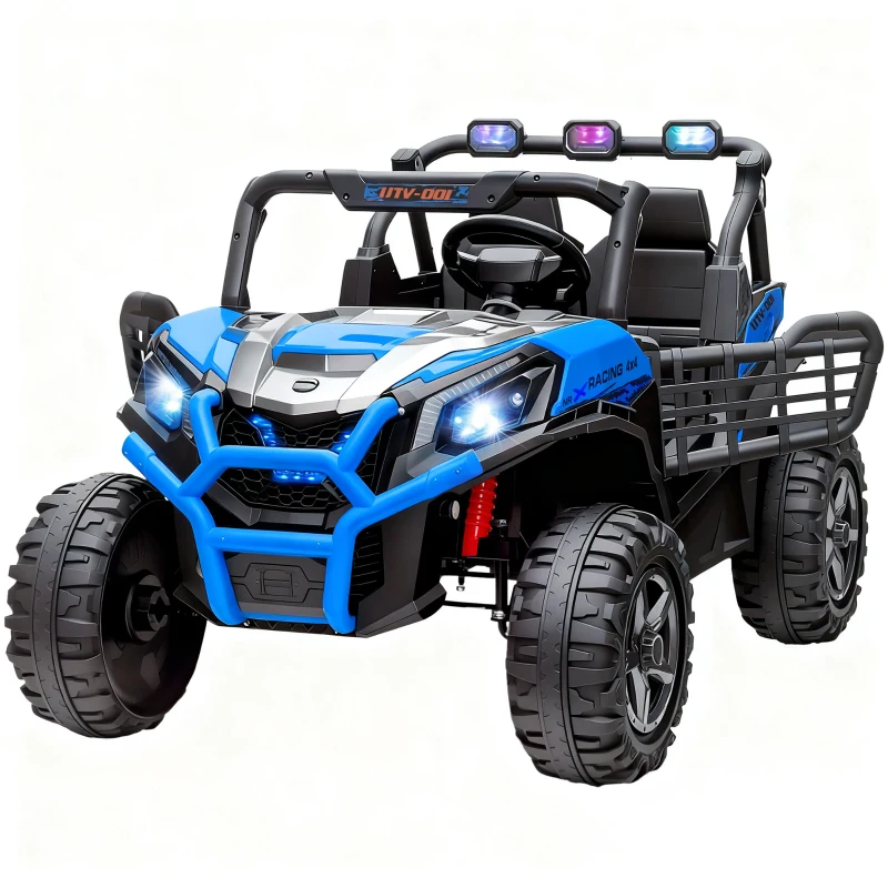 Qaba 2 Seater 24V Kids Electric Car w/ Remote Control, 3 Speed, LED Lights, Music, Horn, Spring Suspension, Slow Start, Blue