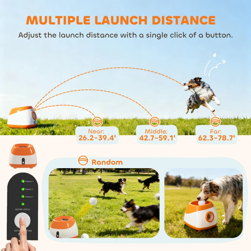 PawHut Automatic Dog Ball Launcher with 26-79 FT Distance, Automatic Ball Launcher for Medium and Large Dogs, Orange