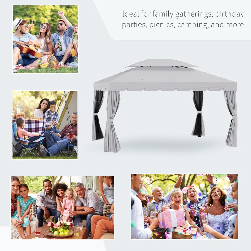 Outsunny 13' x 10' Outdoor Patio Gazebo Canopy with 2-Tier Polyester Roof  Vented Mesh Sidewall & Strong Aluminum Frame Grey