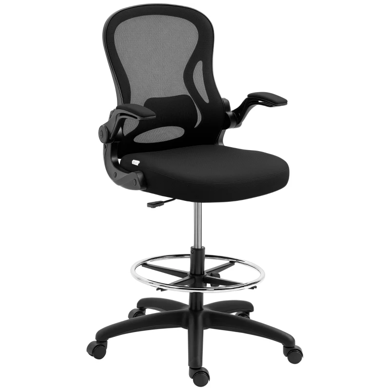 Vinsetto Ergonomic Mesh Standing Desk Chair with Flip-up Armrests, Lumbar Support, Armrests & Adjustable Footrest Ring, Black