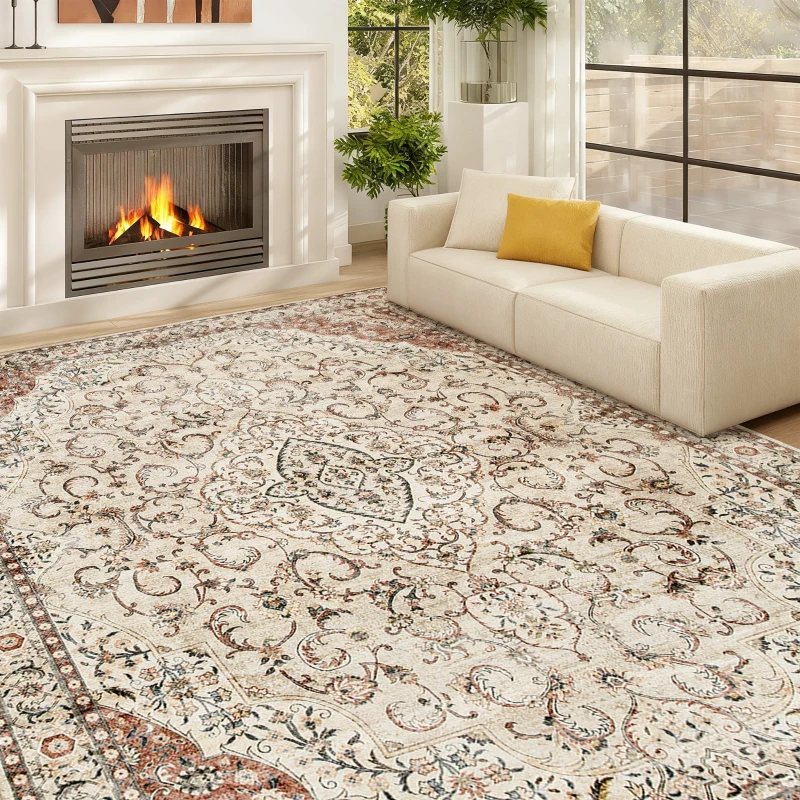 HOMCOM Area Rug 8x10, Machine Washable Rug, Non-Slip Classical Floral Print Floor Carpet for Living Room, Bedroom, Mixed-Brown