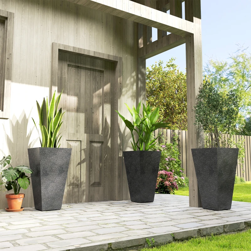 Outsunny 28" Tall Planters, Set of 3 Plastic Flower Pots with Marble Finish and Drainage Holes, Stackable Taper Planters, Black