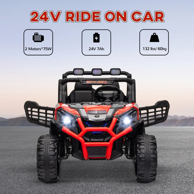 Qaba 2 Seater 24V Kids Electric Car w/ Remote Control, 3 Speed, LED Lights, Music, Horn, Spring Suspension, Slow Start, Red