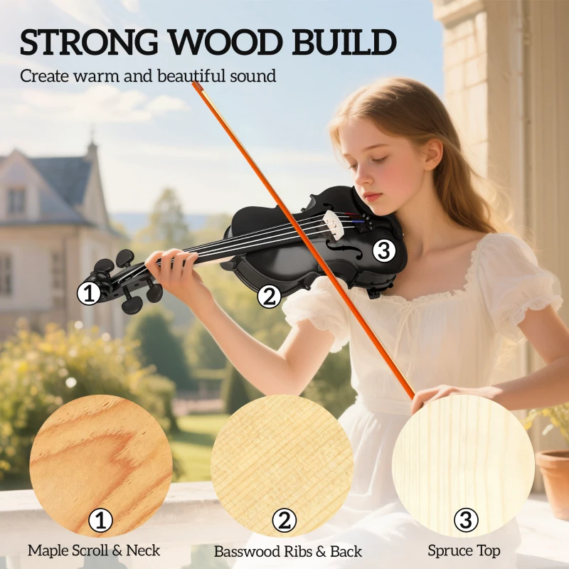 HOMCOM 4/4 Full Size Violin, Wood Acoustic Violin Set for Beginners, Adults, with Case, Rosin, Shoulder Rest, Black