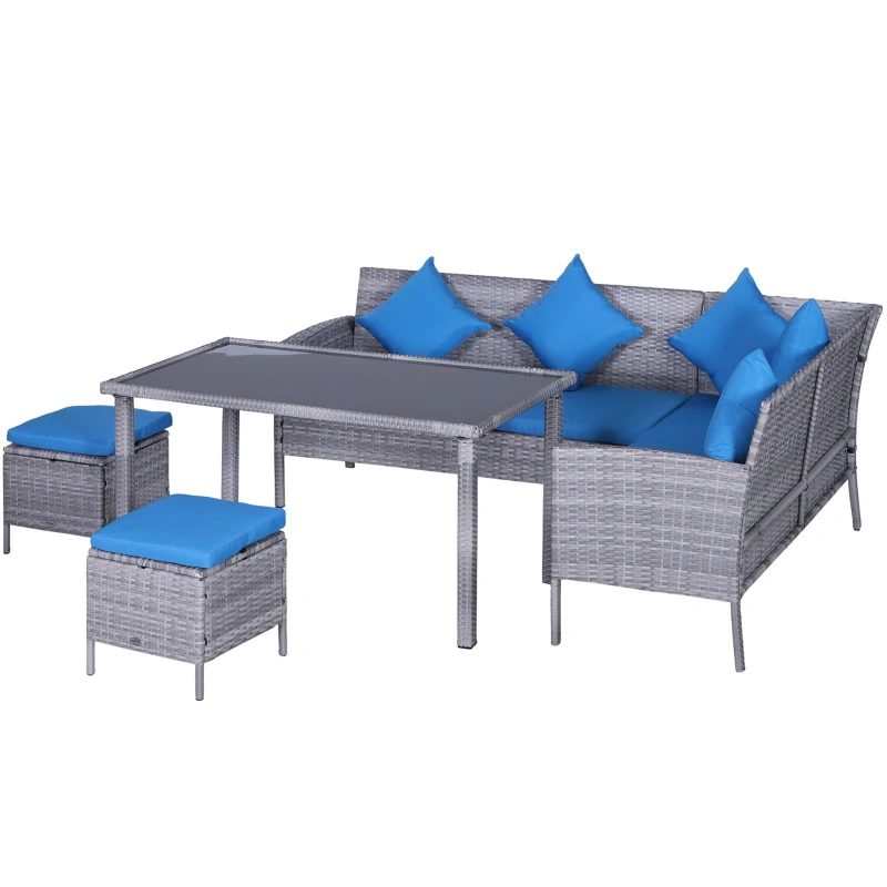 Outsunny 5 Pieces Wicker Patio Conversation Dining Furniture Set with Cushions, Table and Ottomans, Bright Blue