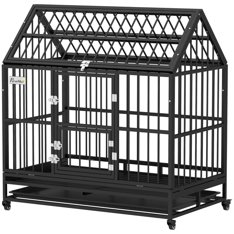 PawHut 49" Heavy Duty Dog Crate with Removable Tray, Doors, Openable Roof, for Large and Extra Large Dogs, Black