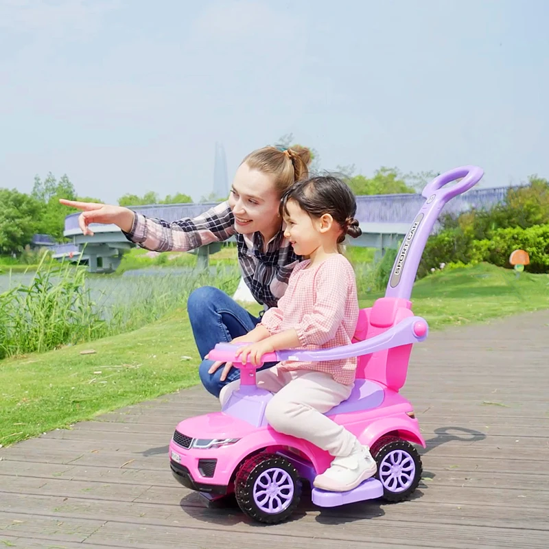 Aosom 2 In 1 Push Cars for Toddlers Kid Ride on Push Car Stroller Sliding Car with Horn Music Light Function Secure Bar Ride on Toy for Boy Girl 1-3 Years Old Pink