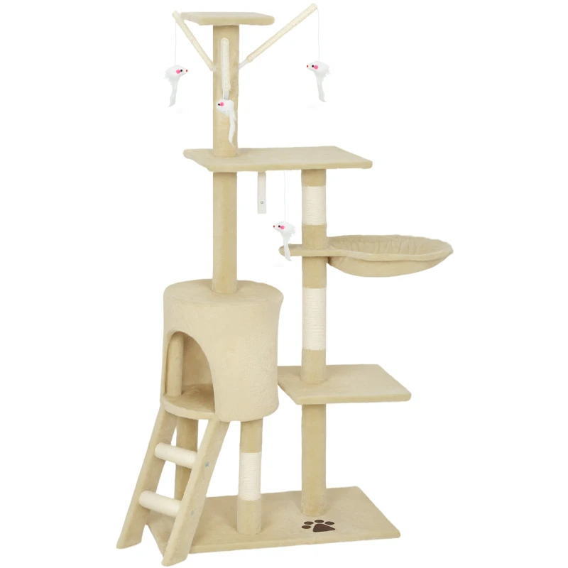 PawHut 53" Plush Sturdy Interactive Cat Condo Tower Scratching Post Activity Tree House - Beige