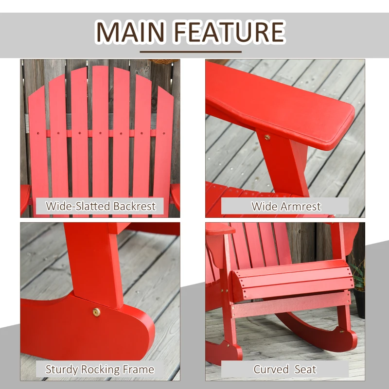 Outsunny Wooden Adirondack Rocking Muskoka Chair with Slatted Wooden Design, Fanned Back and Classic Rustic Style, Red
