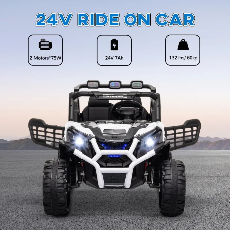 Qaba 2 Seater 24V Kids Electric Car w/ Remote Control, 3 Speed, LED Lights, Music, Horn, Spring Suspension, Slow Start, White