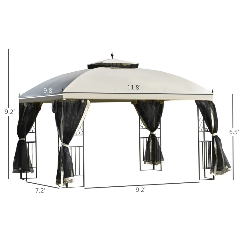 Outsunny 12' x 10' Outdoor Patio Gazebo Canopy with Double Tier Roof, Removable Mesh Sidewalls, Triangular Display Shelves, Beige