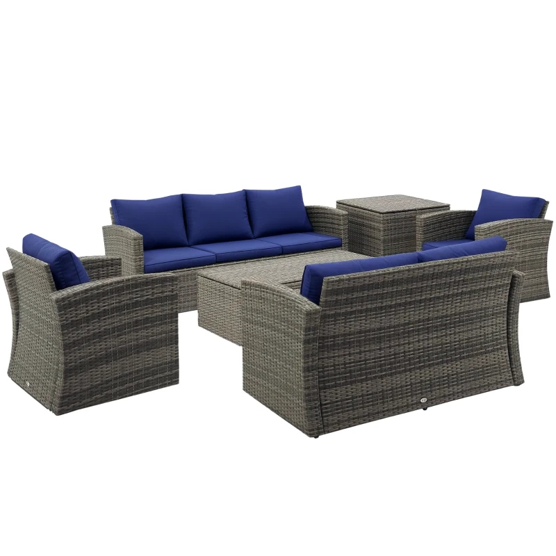 Outsunny 6 Pieces Wicker Patio Furniture Set with Cushions, 7-Seater Rattan Patio Sofa Set with Storage Table, Navy Blue