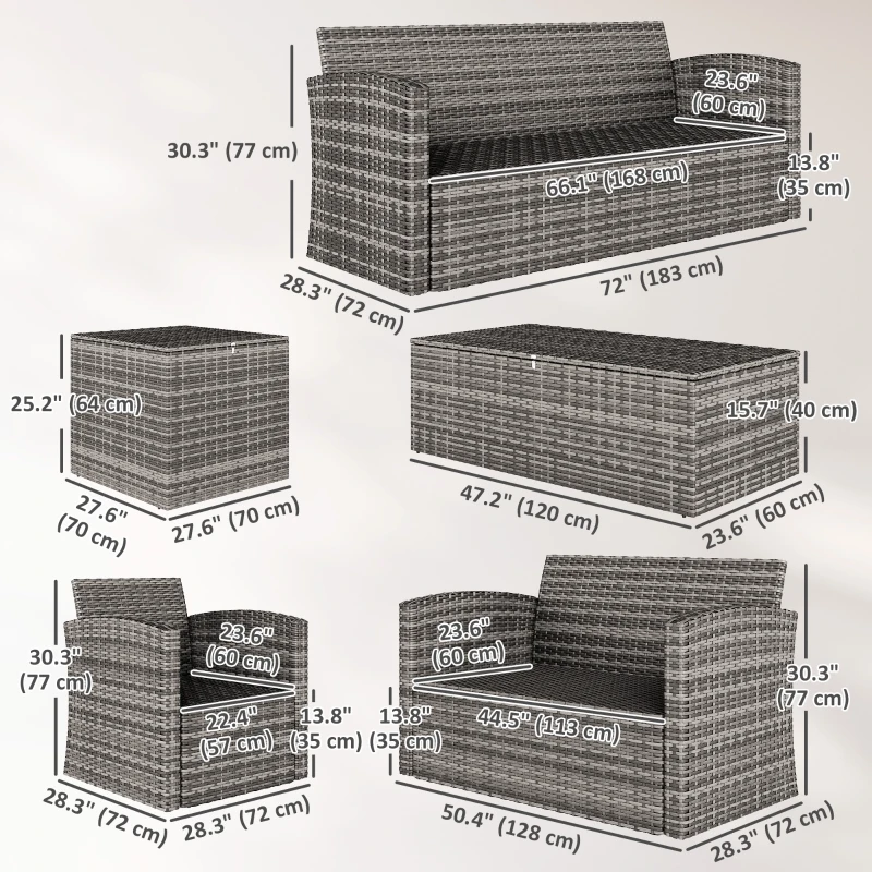 Outsunny 6 Pieces Wicker Patio Furniture Set with Cushions, 7-Seater Rattan Patio Sofa Set with Storage Table, Navy Blue