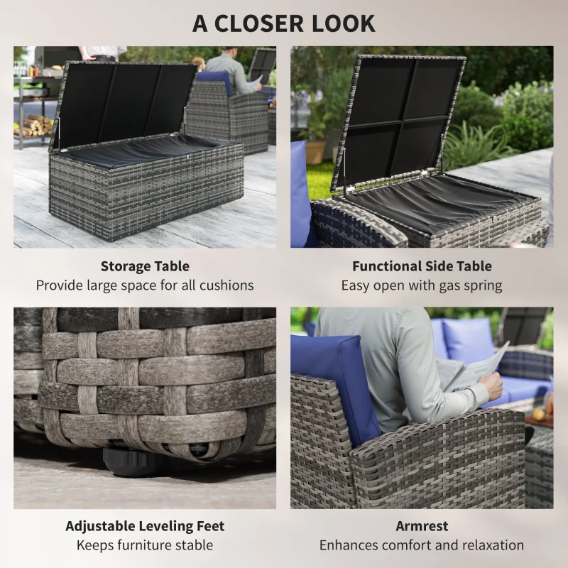 Outsunny 6 Pieces Wicker Patio Furniture Set with Cushions, 7-Seater Rattan Patio Sofa Set with Storage Table, Navy Blue