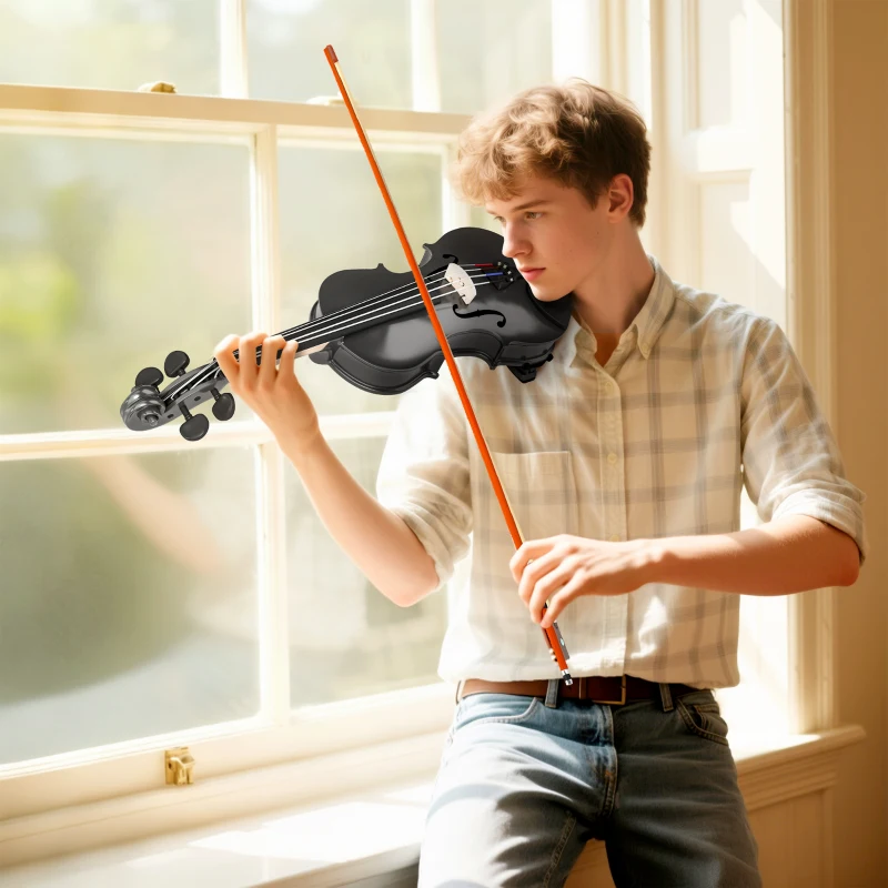 HOMCOM 4/4 Full Size Violin, Wood Acoustic Violin Set for Beginners, Adults, with Case, Rosin, Shoulder Rest, Black