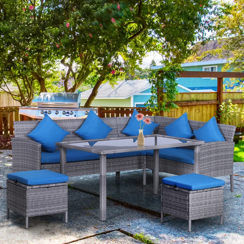 Outsunny 5 Pieces Wicker Patio Conversation Dining Furniture Set with Cushions, Table and Ottomans, Bright Blue