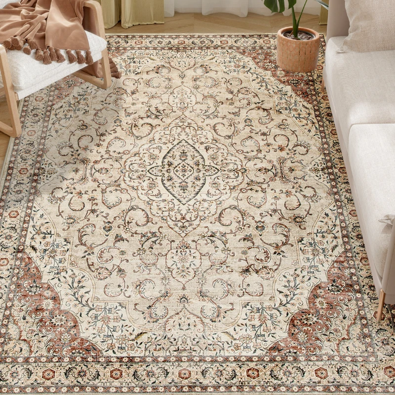 HOMCOM Area Rug 4x6, Machine Washable Rug, Non-Slip Classical Floral Print Floor Carpet for Living Room, Bedroom, Mixed-Brown