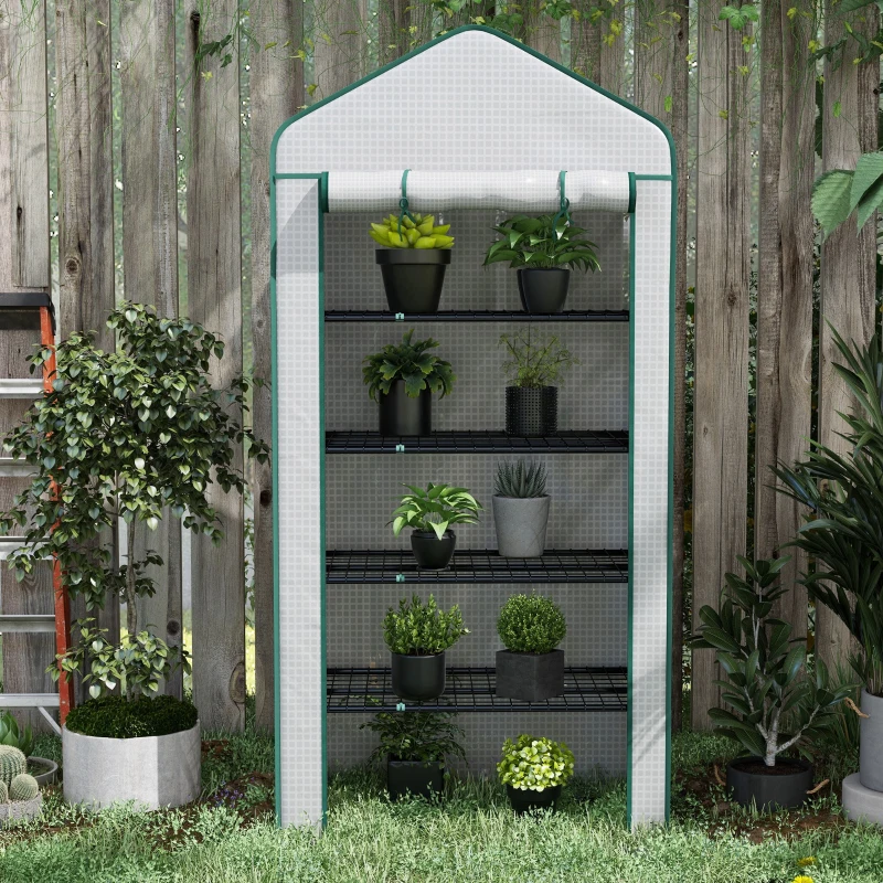 Outsunny 5 Tier Mini Greenhouse, Small Portable Greenhouse with PE Cover, Roll-Up Zippered Door, 76" x 35.4" x 19.3", White