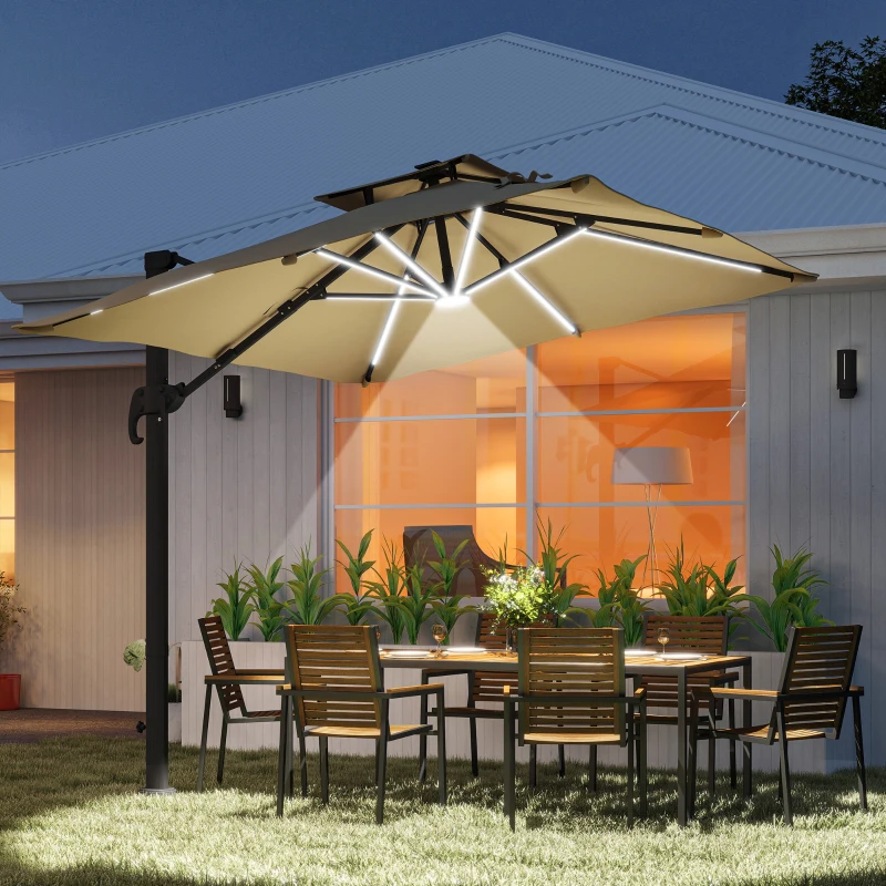 Outsunny 10ft. Solar LED Cantilever Umbrella, Offset Hanging Umbrella with 360°Rotation, Cross Base, 8 Ribs, Tilt and Crank for Yard, Khaki